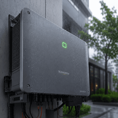 Inverter Sungrow: Giải Pháp Biến Tần Số 1 Cho Hệ Thống Điện Mặt Trời (Cập Nhật 2026) 2 Biến tần Inverter Sungrow hoạt động bền bỉ ngoài trời mưa