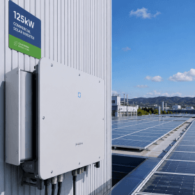 Trang chủ 89 Hình ảnh tổng quan hệ thống điện mặt trời C&I trên mái nhà xưởng công nghiệp kết hợp thiết bị biến tần Inverter 125kW hiệu suất cao.