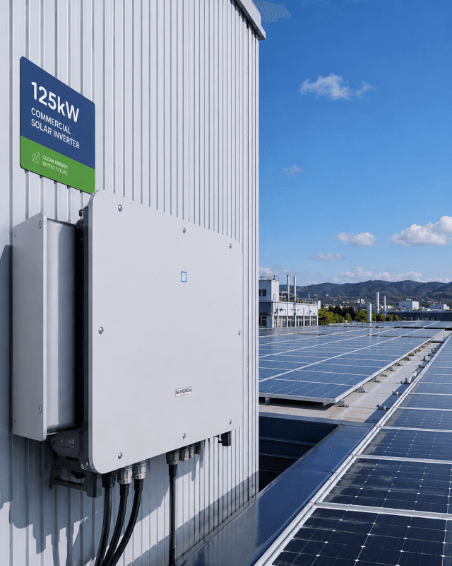 Inverter 125kW – Giải Pháp Biến Tần Hoàn Hảo Cho Dự Án Điện Mặt Trời C&I 6 Hình ảnh tổng quan hệ thống điện mặt trời C&I trên mái nhà xưởng công nghiệp kết hợp thiết bị biến tần Inverter 125kW hiệu suất cao.