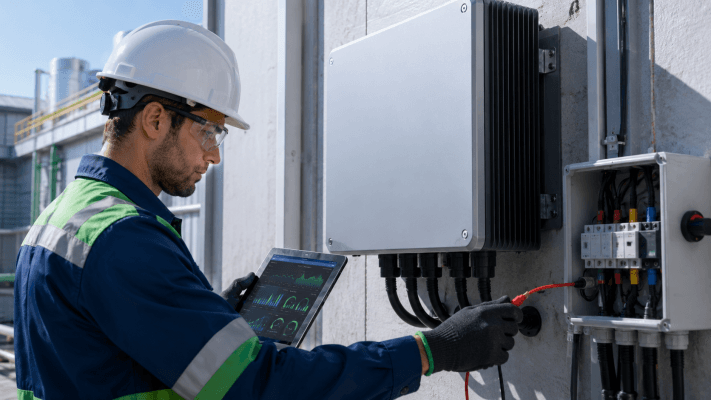 Kỹ sư điện mặt trời XBSOLAR đang thực hiện quy trình bảo trì, dùng thiết bị đo lường để kiểm tra chất lượng điện năng và nguyên lý hoạt động của Solar Inverter tại dự án thực tế.