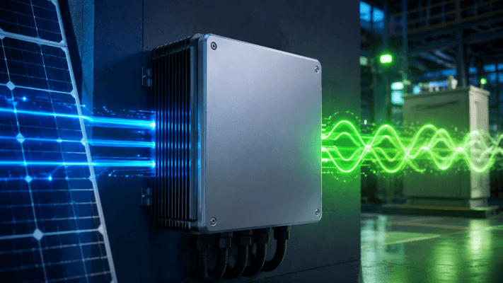 Sơ đồ đồ họa thể hiện nguyên lý hoạt động của Solar Inverter, quá trình chuyển đổi dòng điện một chiều (DC) thành dòng điện xoay chiều (AC) hòa lưới với lớp vỏ thiết bị khép kín an toàn.