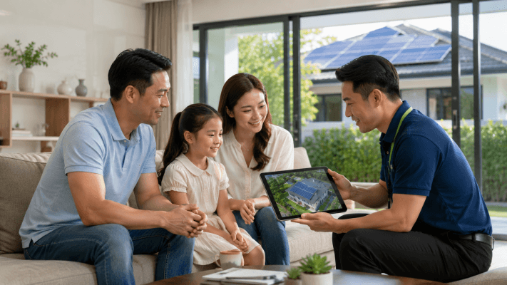 Chuyên gia năng lượng XBSOLAR tư vấn trực tiếp tại nhà, lên bản vẽ thiết kế 3D và hướng dẫn giải pháp tài chính trả góp qua Shinhan Finance cho chủ nhà.