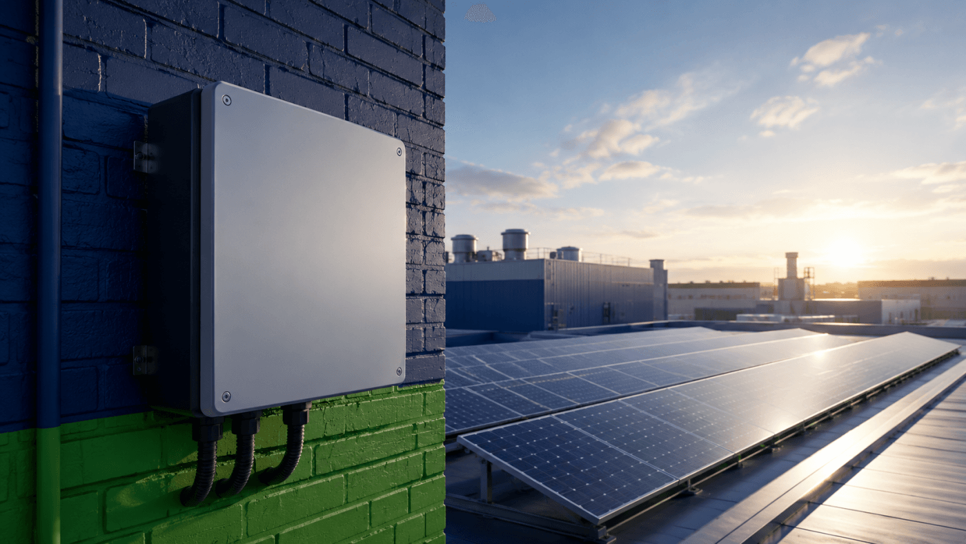 Nguyên Lý Hoạt Động Của Solar Inverter: Trái Tim Của Hệ Thống Điện Mặt Trời C&I 5 Hình ảnh thực tế cho thấy vị trí lắp đặt của Solar Inverter trên tường ngoài của nhà máy, kết nối trực tiếp với dàn pin năng lượng mặt trời công nghiệp.