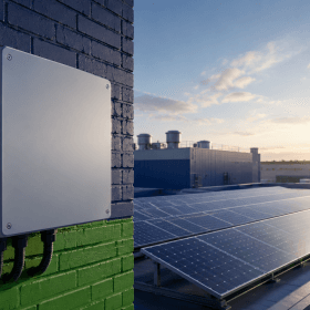 Trang chủ 88 Hình ảnh thực tế cho thấy vị trí lắp đặt của Solar Inverter trên tường ngoài của nhà máy, kết nối trực tiếp với dàn pin năng lượng mặt trời công nghiệp.