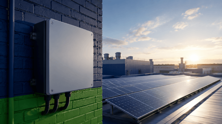 Hình ảnh thực tế cho thấy vị trí lắp đặt của Solar Inverter trên tường ngoài của nhà máy, kết nối trực tiếp với dàn pin năng lượng mặt trời công nghiệp.