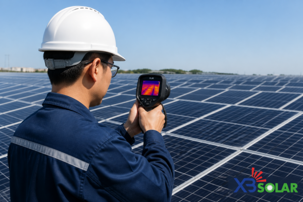 Dịch Vụ Vận Hành Và Bảo Trì Điện Mặt Trời O&M Toàn Diện 1 Kỹ sư XBSOLAR sử dụng thiết bị đo kiểm tra chuyên dụng để đánh giá thông số vận hành của hệ thống năng lượng mặt trời.