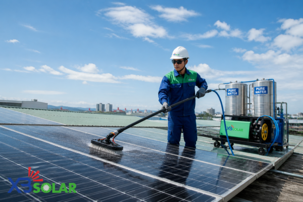 Dịch Vụ Vận Hành Và Bảo Trì Điện Mặt Trời O&M Toàn Diện 2 Quy trình vệ sinh tấm pin năng lượng mặt trời chuyên dụng bằng nước khử khoáng, giúp khôi phục tối đa hiệu suất truyền quang mà không làm trầy xước mặt kính.