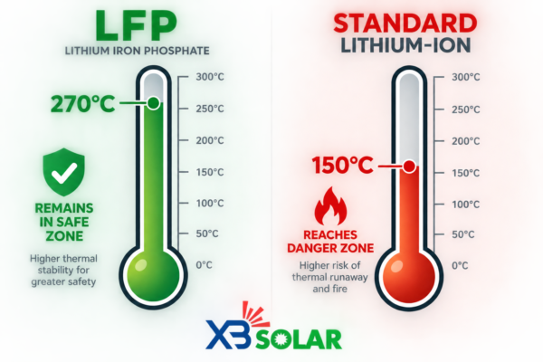 So sánh pin LFP và Lithium-ion: Loại nào bền bỉ và an toàn hơn cho hệ thống điện mặt trời gia đình? 3 Pin LFP có ngưỡng chịu nhiệt (Thermal Runaway) lên tới 270°C, loại bỏ gần như hoàn toàn nguy cơ cháy nổ trong vận hành dân dụng.